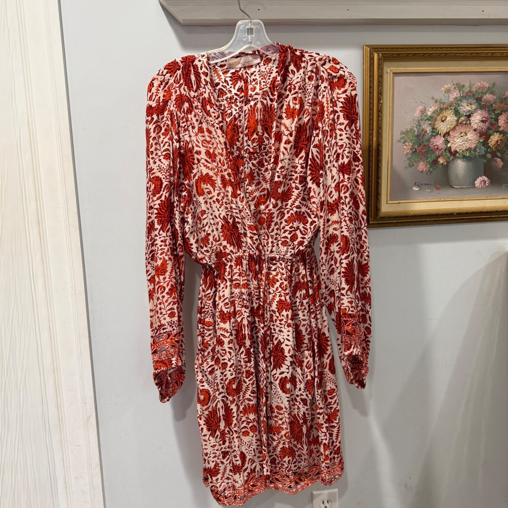 Natalie Martin 100% Silk Dress Red Print Smocked Waist Wrap Mini Long Sleeve M